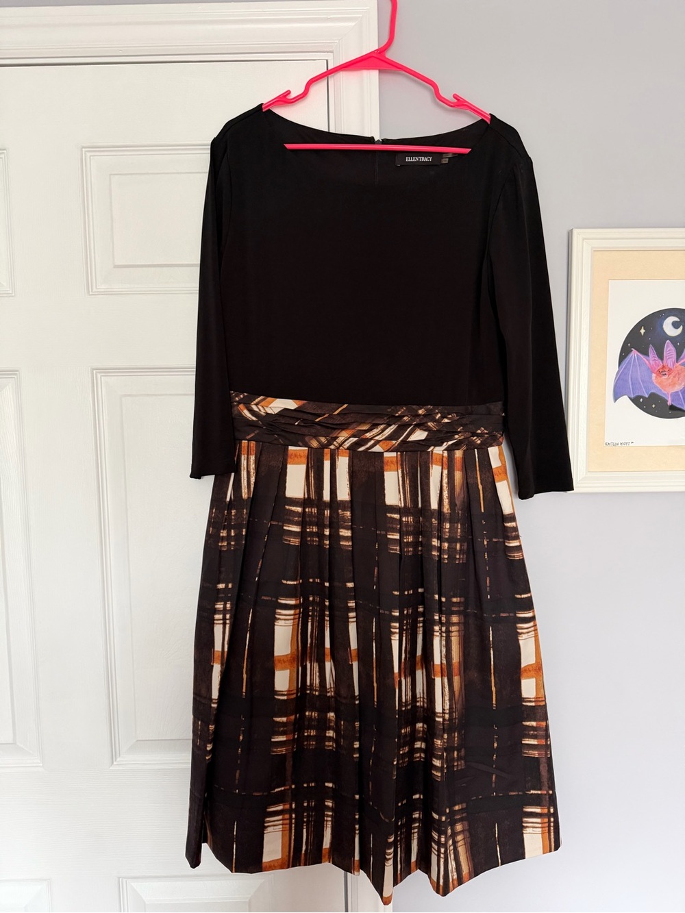 Ellen Tracy Black Bodice with Brown & Cream Plaid Midi Dress